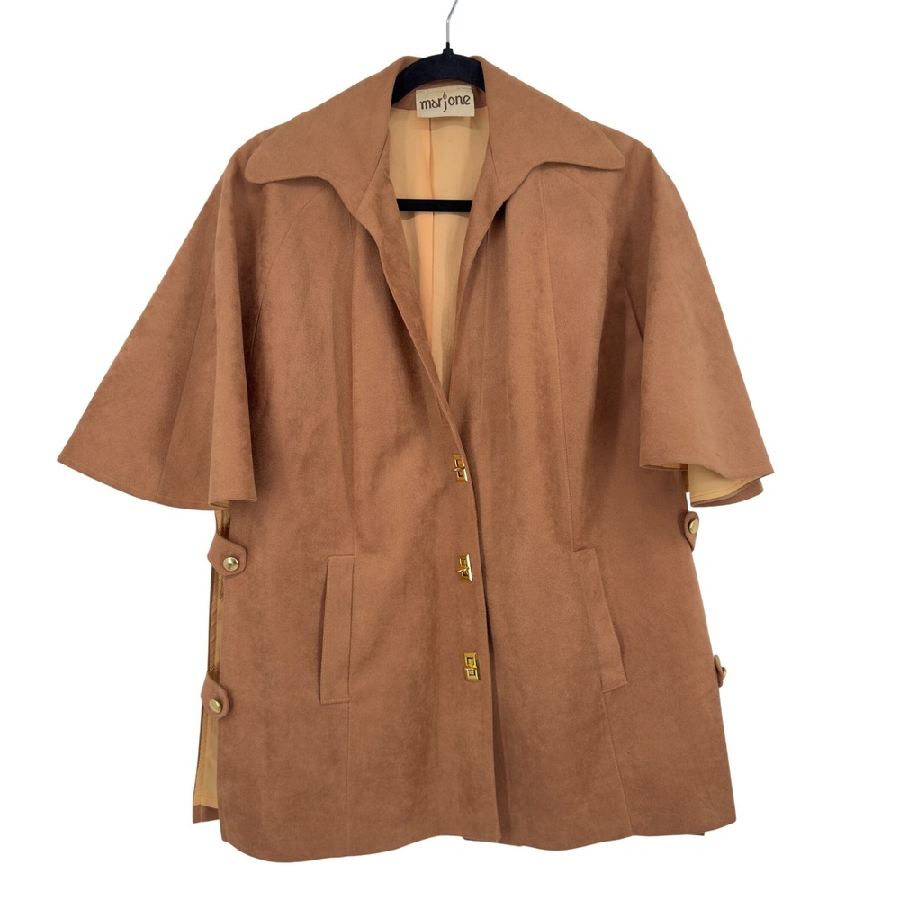 Vintage 70's Marjone Faux Suede Cape Jacket Brown Turn-Lock Gold Hardware Large